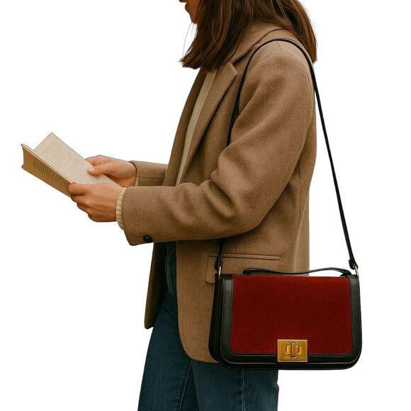 COPY - Rare Vintage Ring Shoulder Bag Suede Vinyl Adjustable Strap Brown Black - Picture 2 of 16